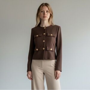 1187 • Scuba Stretch Chocolate Brown Collarless Gold Button Lady Jacket Blazer